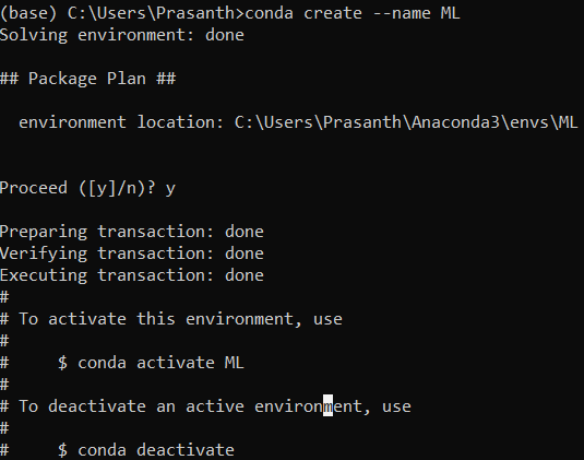 Create a seperate environment named ML